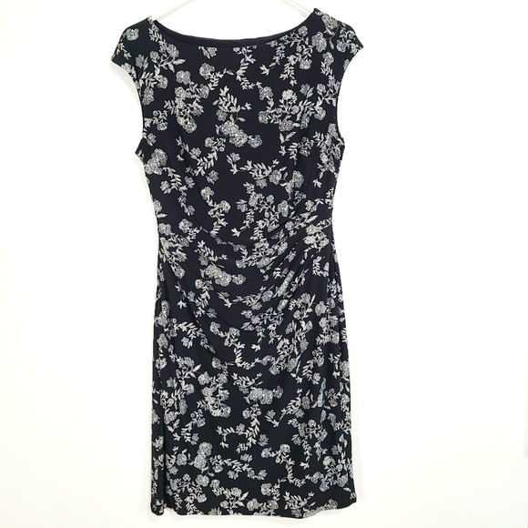 Ralph Lauren | NWT Floral Ruched Dress Black White Size 10 - Picture 1 of 5